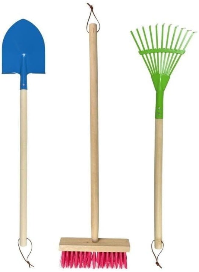 Garden Tools Set, 3-Piece, Wooden Handle Shovel, Rake and Brush, Blue and Green - Image 1